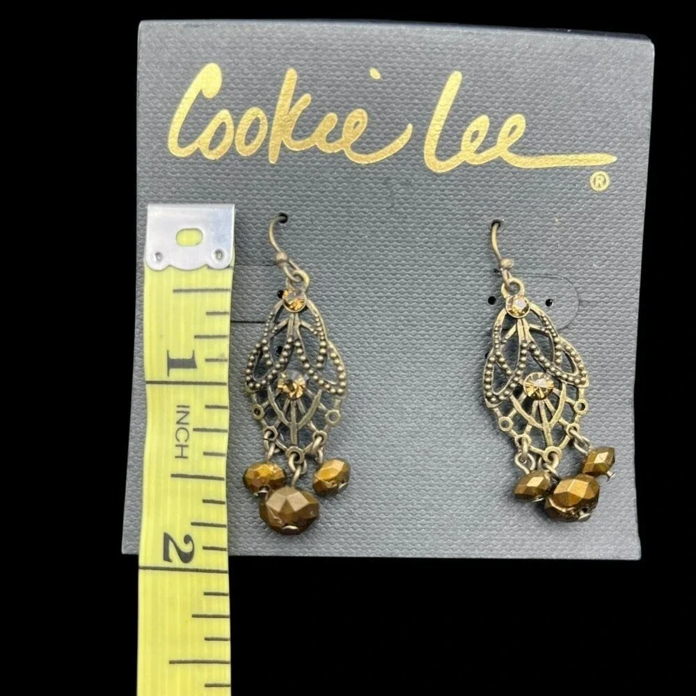 Filigree‎ Dangle Earrings Amber Rhinestone Antique Gold Tone Boho Earthy Ornate